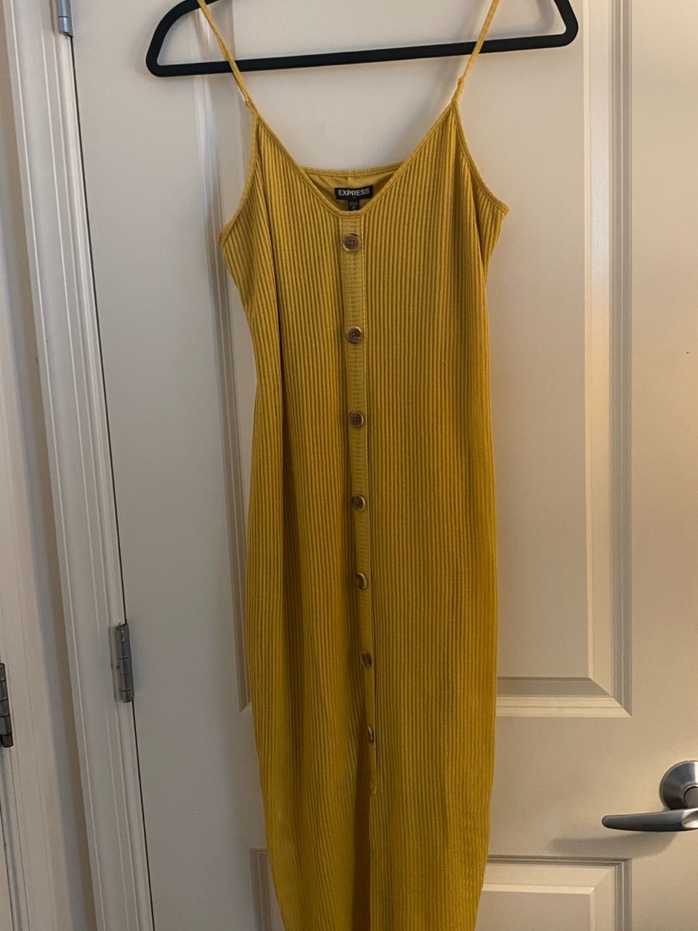 Express Yellow Ribbed Button-Front Maxi Slip Dress
